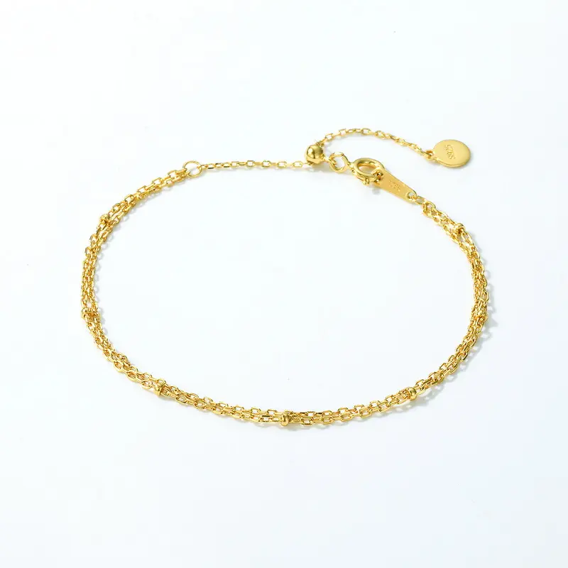 Minimalist Double Layer 925 Silver Plated 10K Yellow Gold Bracelet for Women Geometric Cross Chain Large Bead Chain