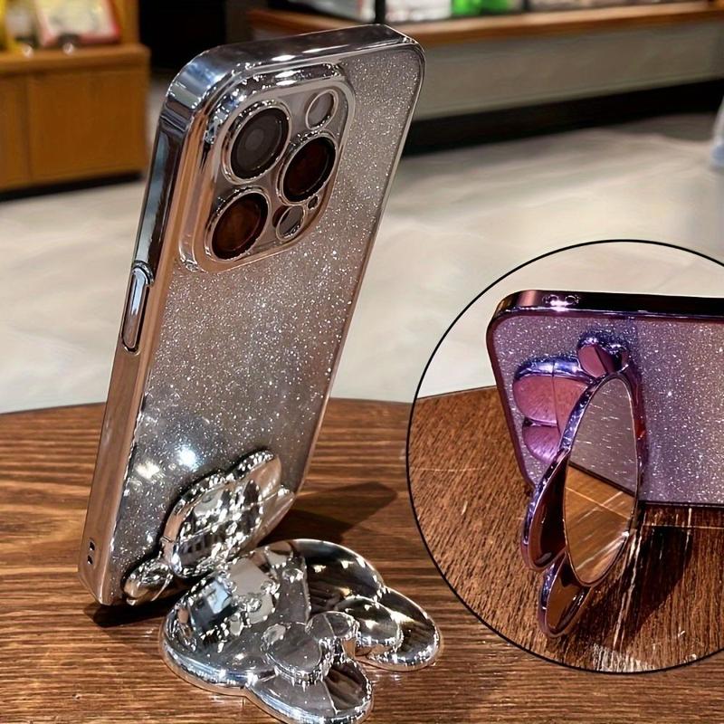 Cute Bunny Design Phone Case with Camera Lens Protector & Hidden Mirror Holder, Shockproof Phone Protective Cover, Phone Accessory Compatible with iPhone 15 14 13 12 11 Pro Max Plus 2