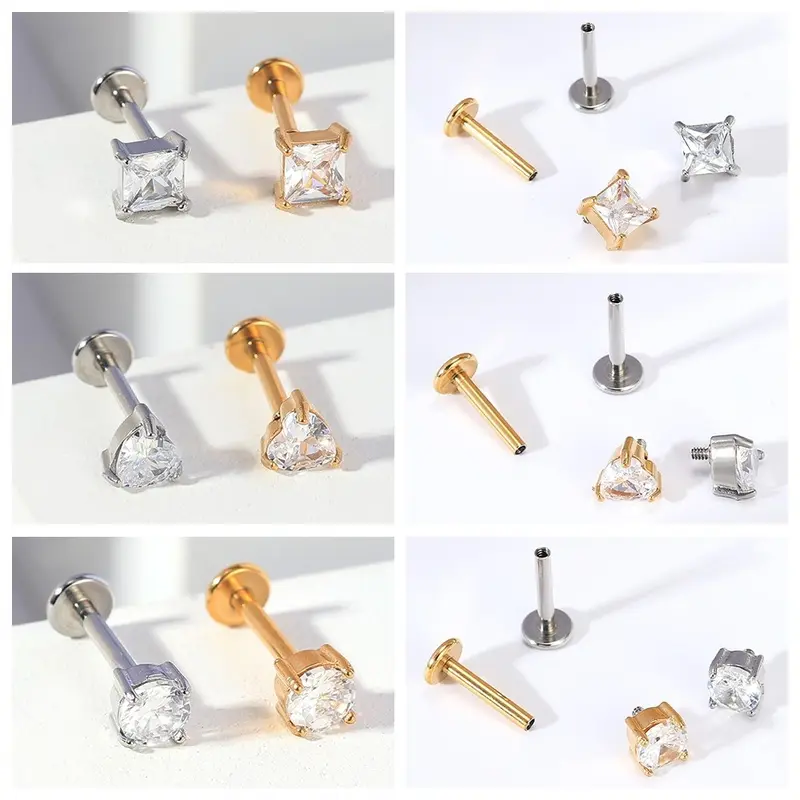 1Pc Stainless Steel Lip Piercings Love Shape Labret Piercings Geometric Crystal Stud Earrings Internal Spiral Labret Piercings 6
