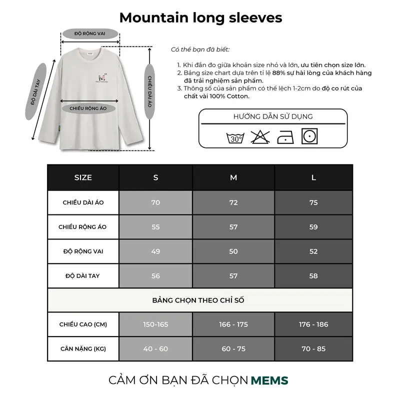 Moutain long sleeves | MEMS Áo thun cotton nam nữ tay dài cổ tròn in logo màu thiên nhiên 8