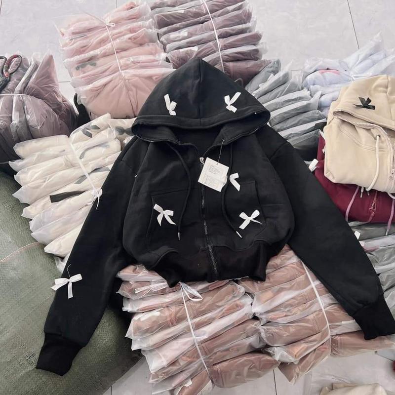Áo khoác hoodie nữ  dáng lửng chất nỉ bông gắn nơ nhỏ phong cách (NỈ NƠ) M191