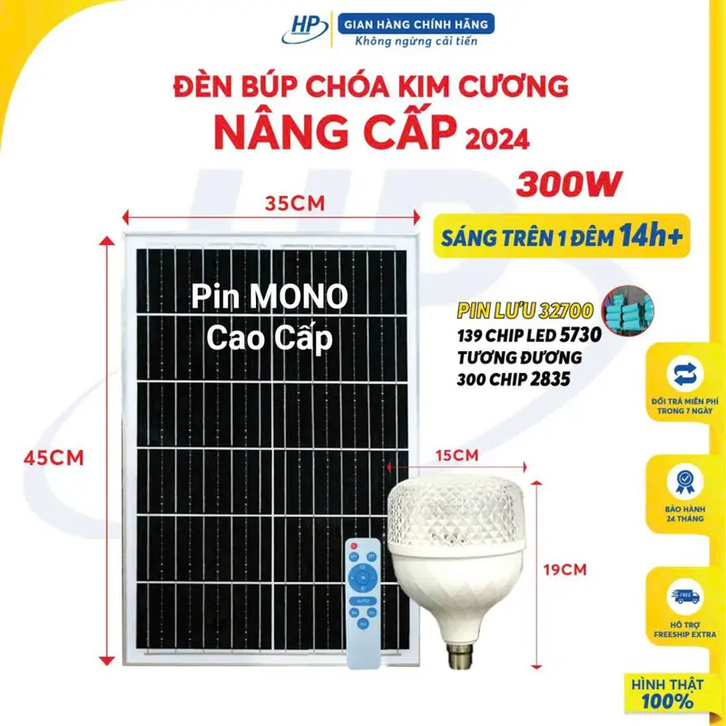 Đèn Búp Năng Lượng Mặt Trời Chóa Kim Cương Sáng Cả Đêm. Chip 5730. Bảo Hành 24 tháng 0
