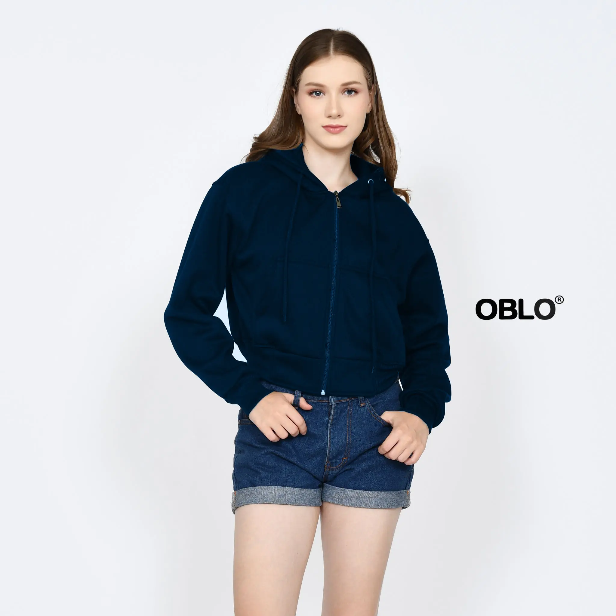 OBLO Sweater Crop Hoodie Crop Zipper Resleting Wanita Fleece Fit Tebal