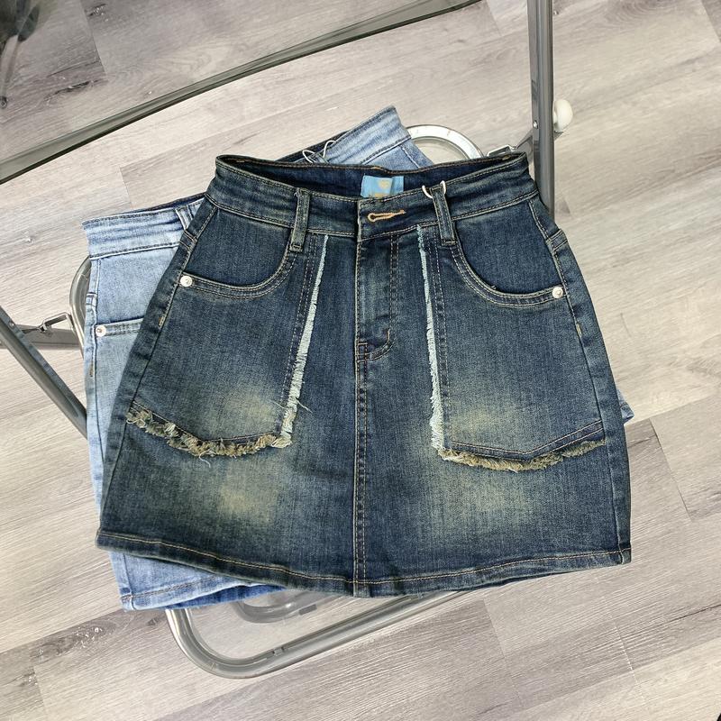  Co Dãn  Chân váy jean nữ phom ngắn ôm lưng cao túi đắp tua có lót shost trong xanh bụi nhạt MS013-015 