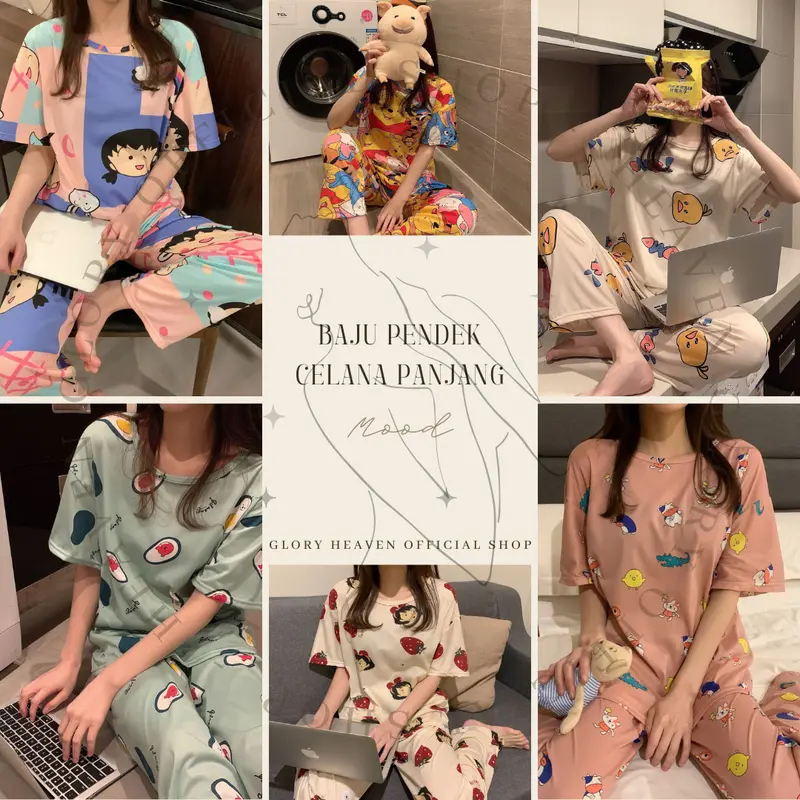 Glory Baju Tidur Wanita Lengan Pendek Celana Panjang | Piyama Pajama | Baju Tidur Set | Baju Rumah Set | Piyama Wanita Set Fit Dewasa 6
