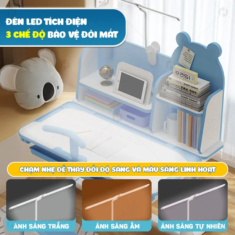 Bộ bàn học chống gù HTDkids T16+, Bàn học cho bé có giá sách, Nâng hạ điều chỉnh độ cao, Giá tốt 8