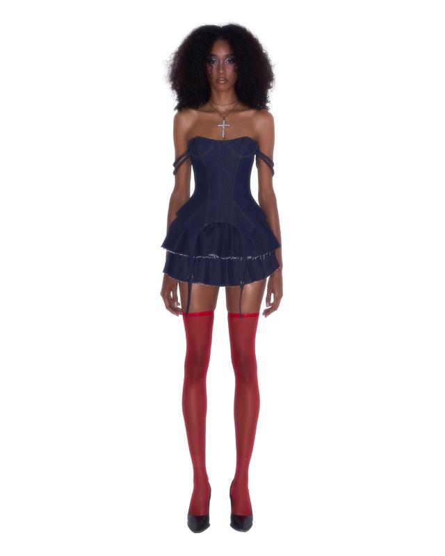 LSOUL - Cherry Set Denim Áo Corset Cúp Ngực + Chân Váy Jeans Xếp Ly Cá Tính Quyến Rũ  B23041306