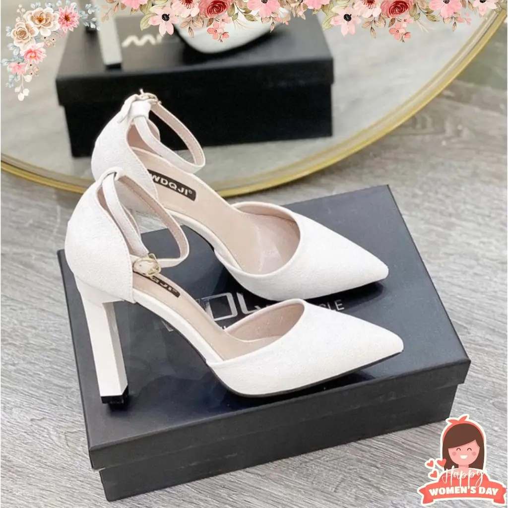 Giày Sandal Cao Gót Nữ SIZE 35-43 GNC72 Đế Vuông 7P hai màu đen, kem sang trọng quý phái