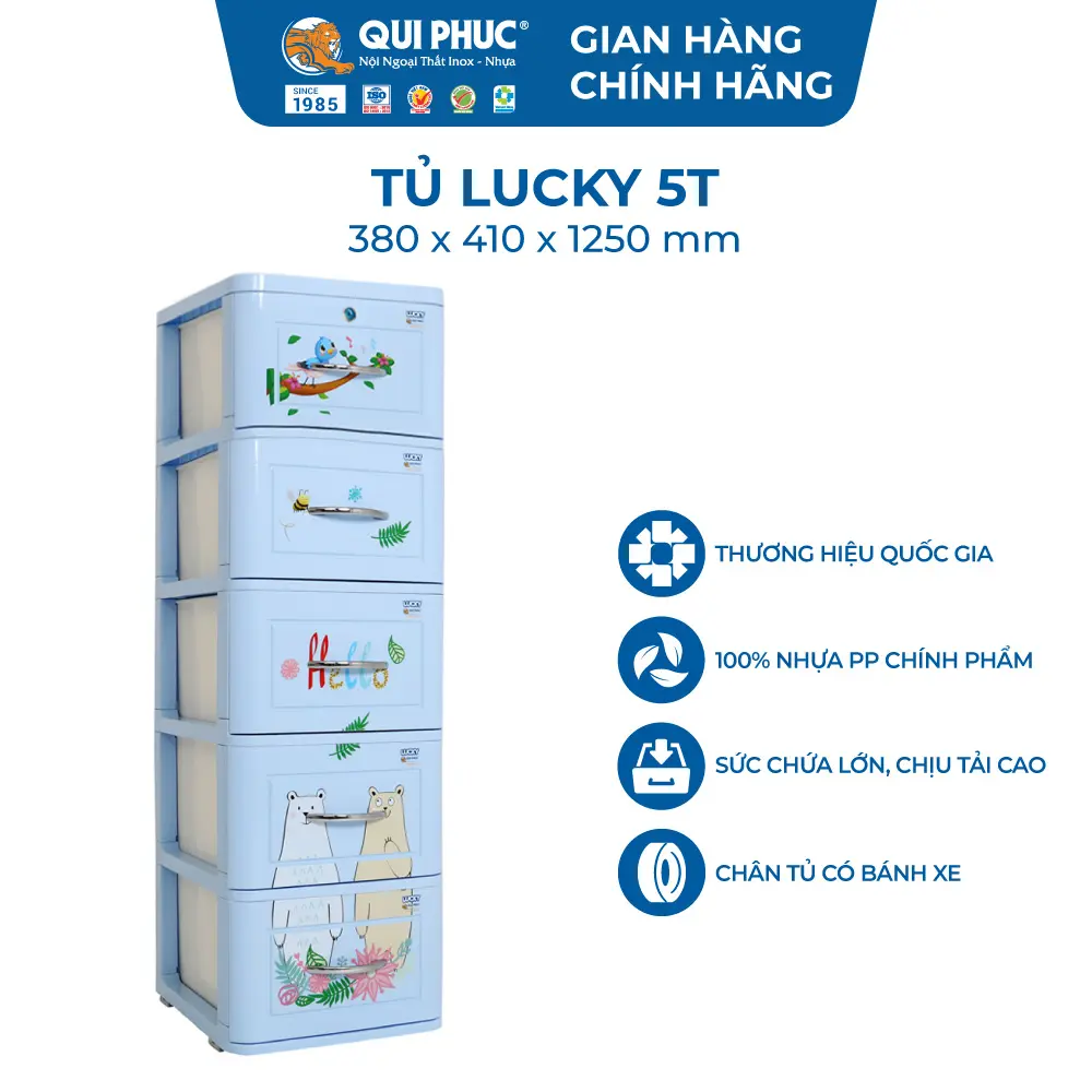 Tủ Nhựa LUCKY 5 Tầng - Qui Phúc Chính Hãng – Nhựa PP/ABS Chính Phẩm, Ngăn Kéo Rộng, Có Bánh Xe, Họa Tiết Dễ Thương
