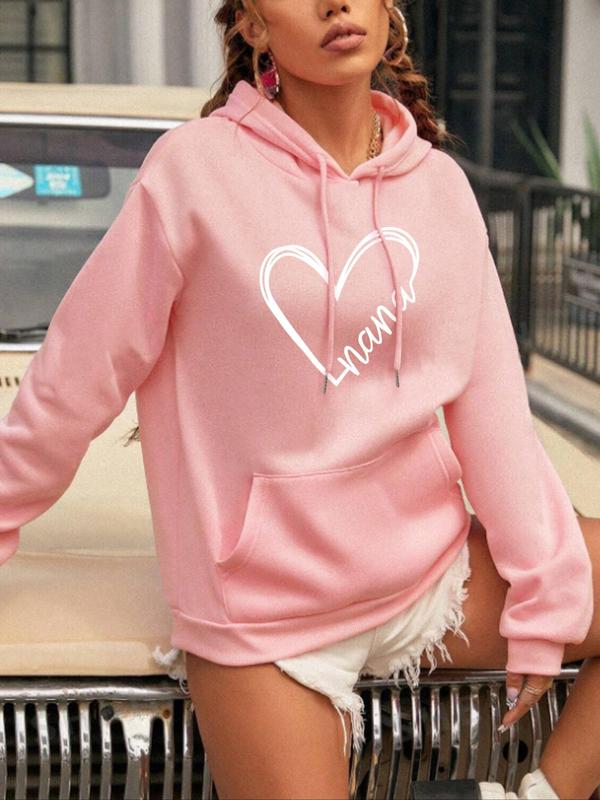 Women's Plus Size  Heart & Letter Print  Drawstring Hoodie, Fashion Casual Pocket Hooded Sweatshirt for Daily Wear, Women Clothing for Fall & Winter Valentine's Day, gift 4