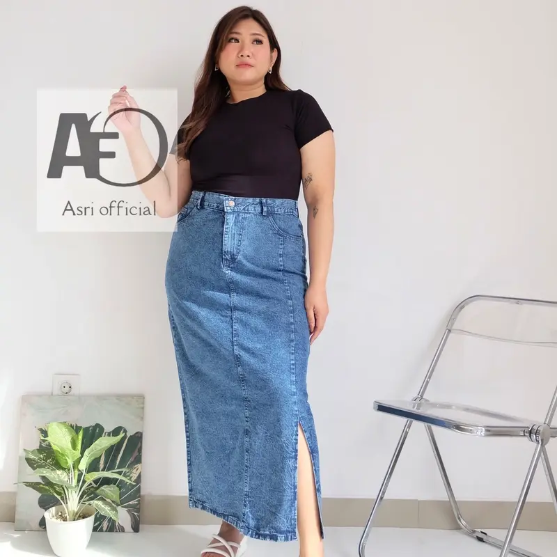 Rok span jeans size 4-6XL varian belah dan sobek pinggang karet - rok body sexy plus varian baru Wanita Panjang 0