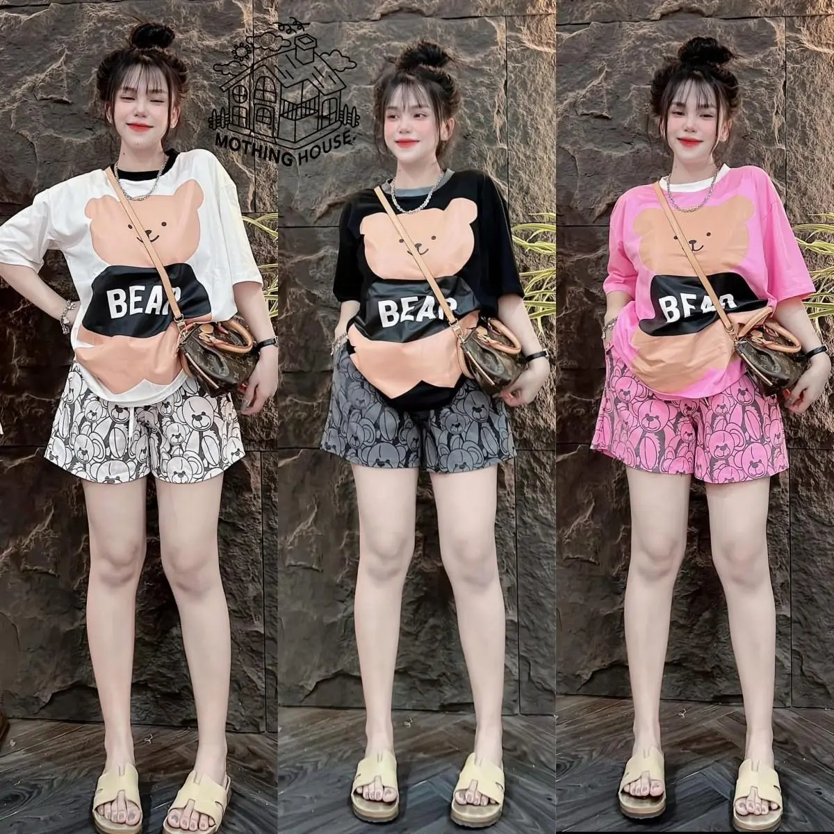 2-Piece Set T-Shirt Shorts Casual Fashion Set, Women's Summer New Bear Print Short Sleeve T-Shirt + Shorts Sports Set