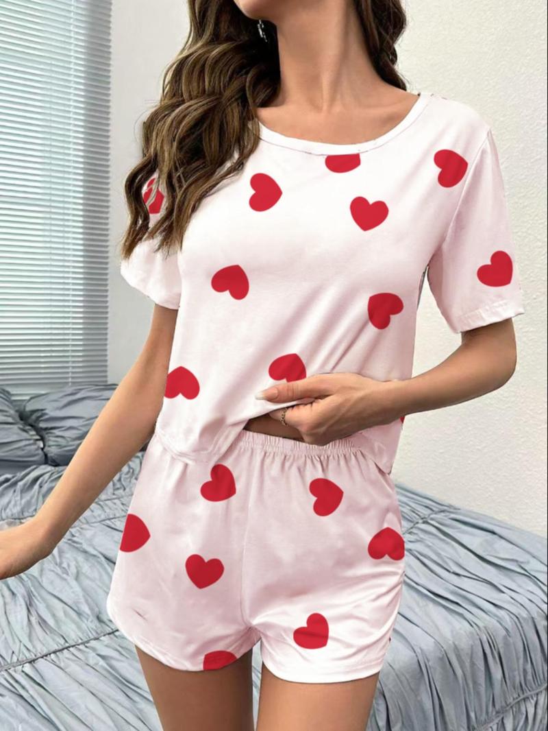 Product Introduction of Women's All Over Print Tee & Shorts Pyjama Two-piece Set, Casual Comfy Round Neck Short Sleeve T-shirt & Shorts PJ Set, Ladies Sleepwear for All Seasons 3