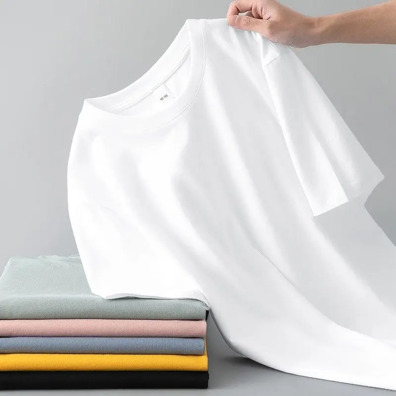 Cotton Short Sleeved T-Shirt For Men In Summer, Loose Round Neck Top, Trendy Brand, All Cotton Half Sleeved Solid Color White T-Shirt