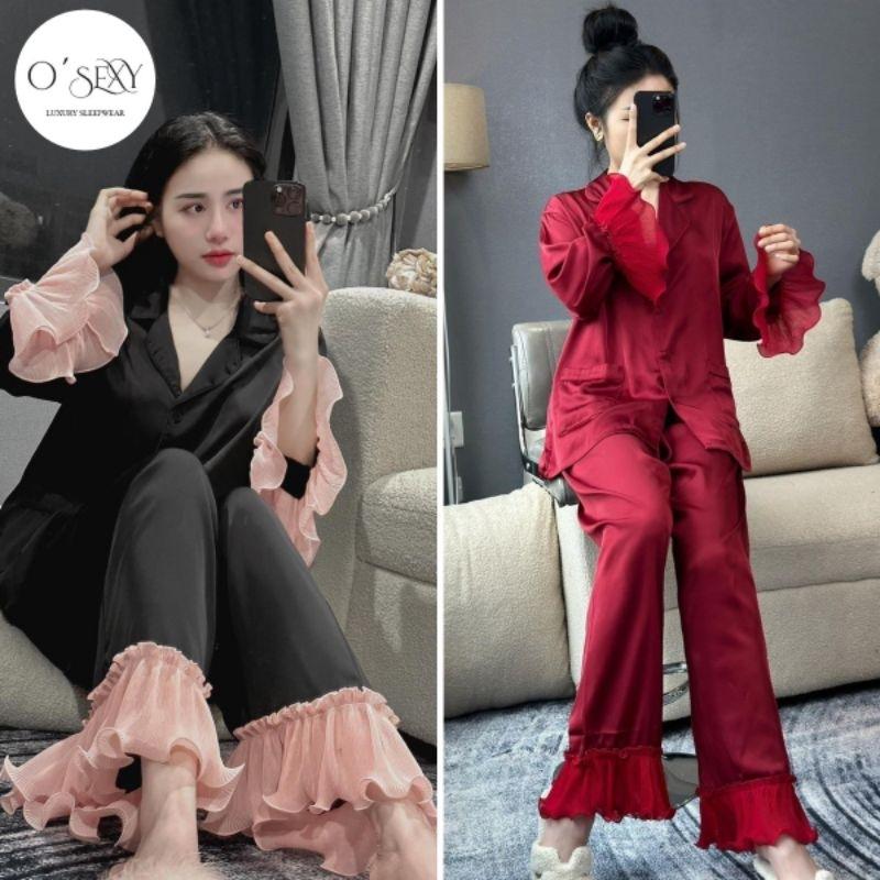 Bộ pijama tay bèo dập ly lụa latin sang chảnh tay dài quần dài , cổ sơ mi có túi , đồ mặc nhà nữ siêu xinh Namishop Women Women Kem Đen