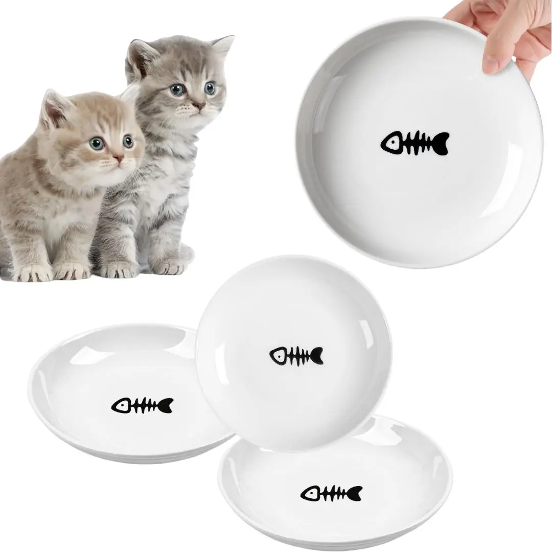 Fish Bone Pattern Ceramic Cat Bowl, 4 Counts/set Pet Feeding Bowl, Pet Water Bowl, Pet Feeding Supplies for Cats and Small Dogs