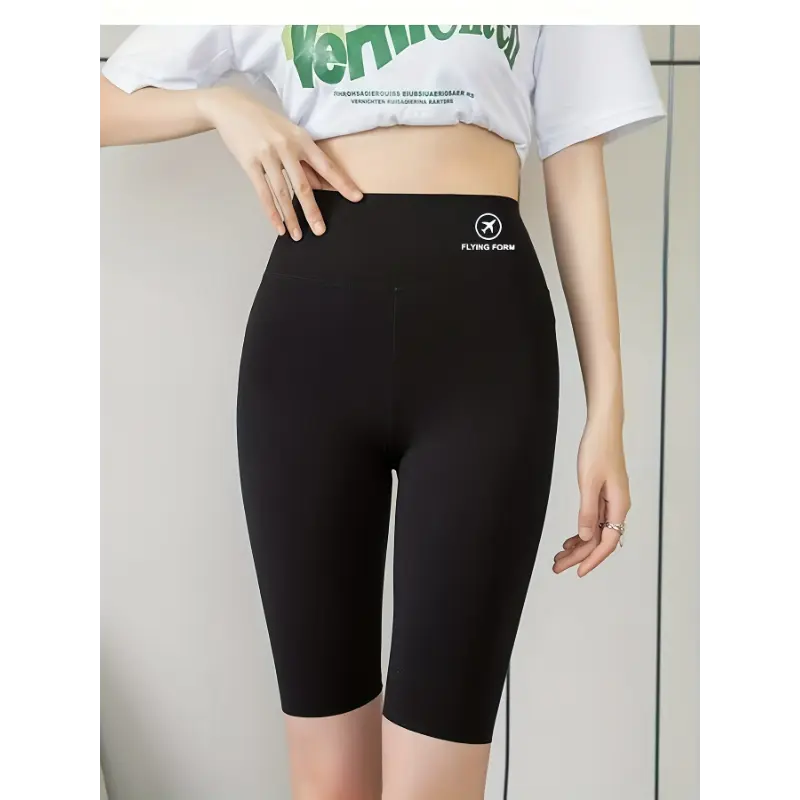 1pc Women'S Fashion  Shorts, Black Mid-Thigh Fly Tag with White Text, Medium Stretch Fabric, Summer Sports Wear,  Clothing|Slim Fit Shorts|Stylish  Gear bra women jogger workout cycling gym pieces et modest dfyne leggings for clothing straight leg aybl