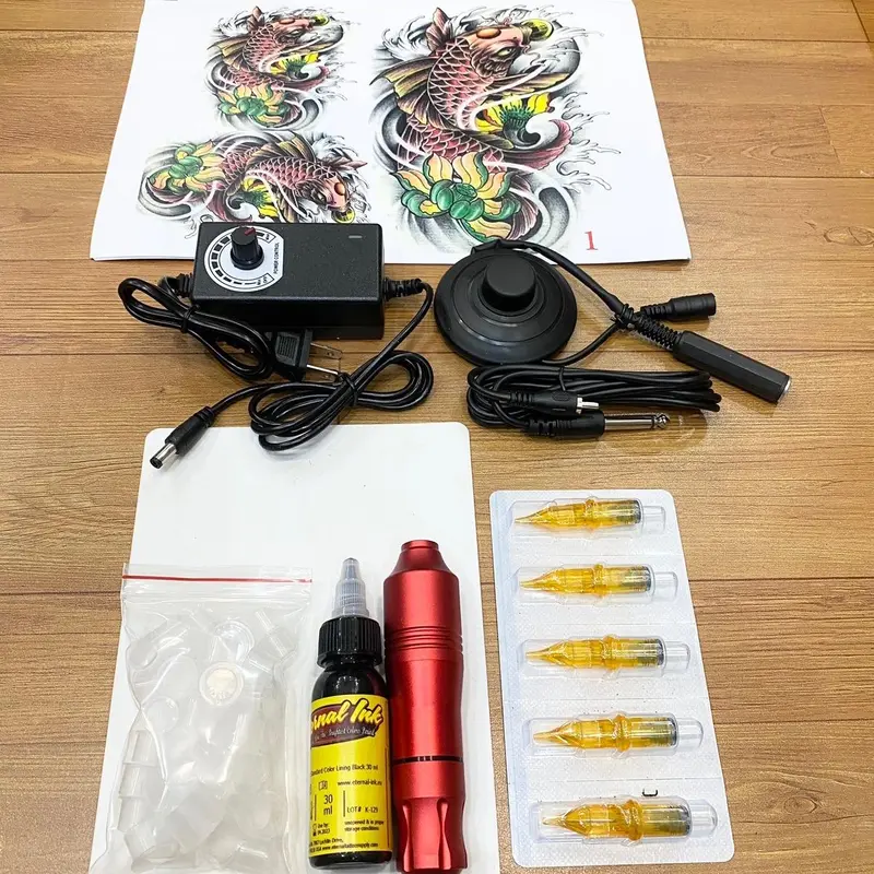 Bộ 1 máy pen xăm kèm 5 kim xăm, màu đen và đỏ - Nữ 6