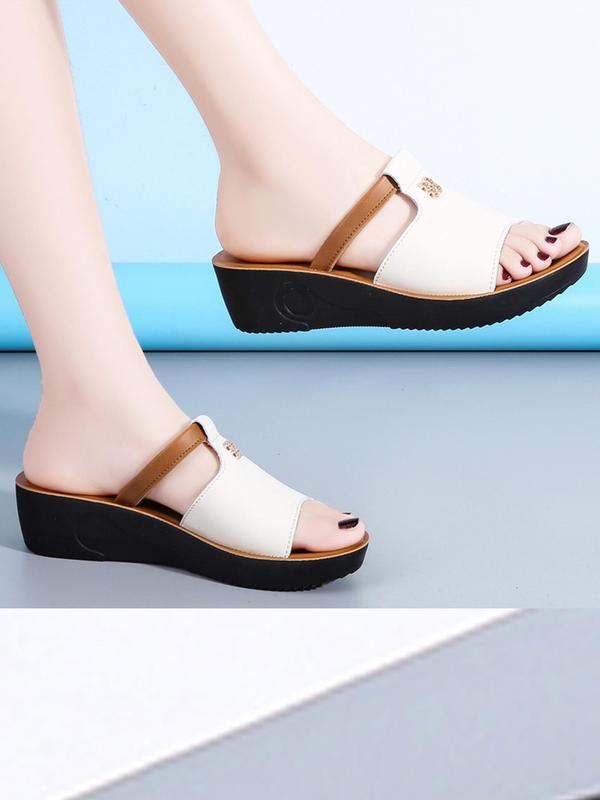 1 Pair Women's Fashionable Plain Color Pu Leather Wedge Slippers, Casual Versatile Home Slippers for Women & Girls, Casual Comfortable Home Slippers for Indoor and Outdoor 8