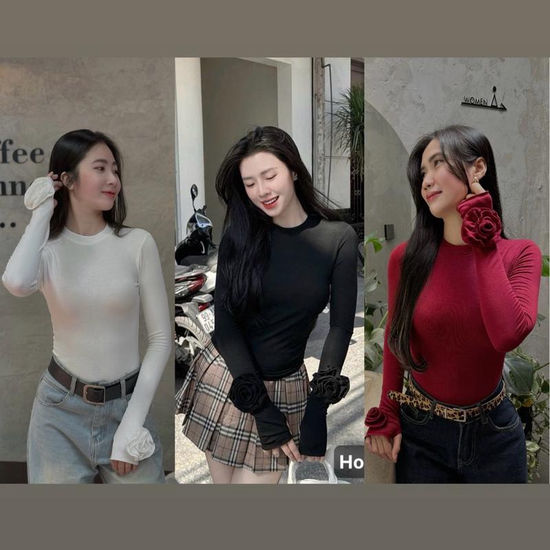 {Deal Đầu Xuân 2025} Áo Thun Lông Thỏ QC Tay Hoa Cổ Tròn Dài Tay Form ôm co giãn