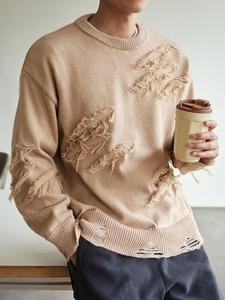 Men's Solid Color Raw Hem Drop Shoulder Sweater, Regular Fit Casual Long Sleeve Round Neck Jumper for Fall & Winter, Fashion Men's Knitwear for Daily Wear
