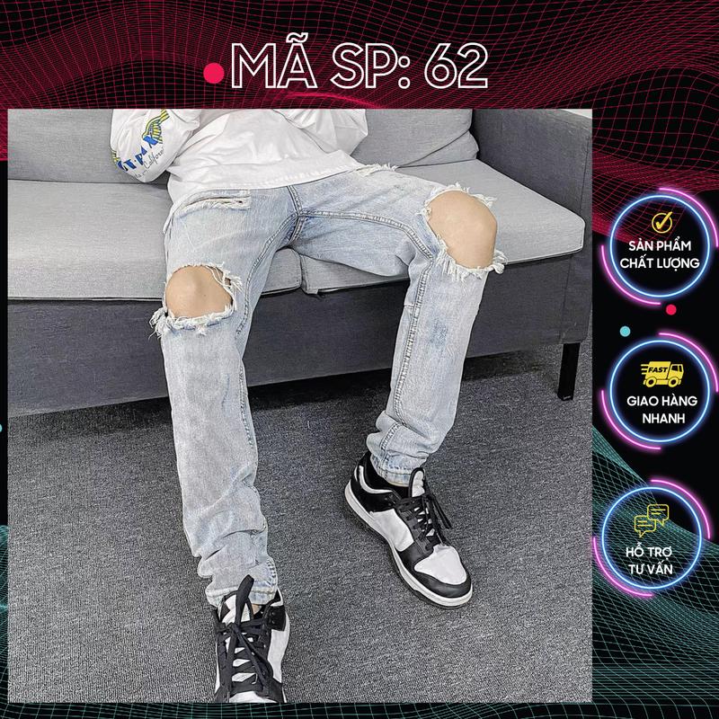 Quần jeans nam kiểu rách gối màu xanh nhạt chất bò co dãn nhẹ form skinny QDS62 kiểu mới Menswear Pants