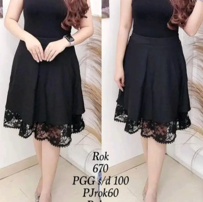 R670 Rok payung pendek scuba kombinasi brukat flare skirt impor
