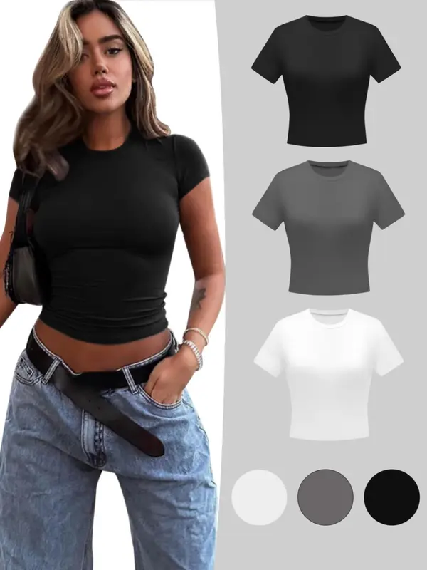 Women's Plain Round Neck Baby Tee, Casual Elegant Short Sleeve T-shirt, T Shirts for Women, Ladies Summer Clothes for Daily Wear, Summer Tops, Womenswear, Tshirt Everyday 3