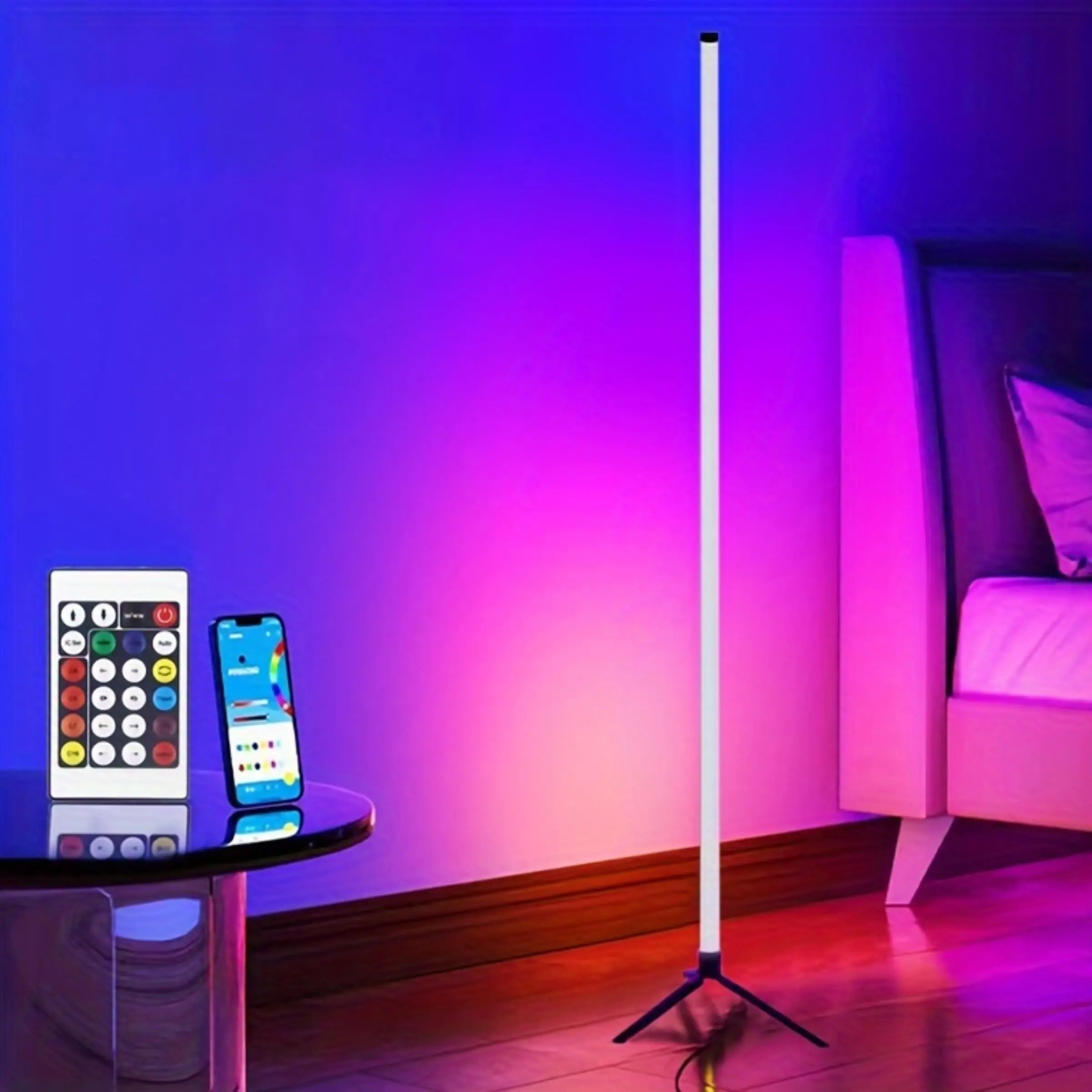 LED Wall Corner Floor Lamp, USB Powered RGB Color Changing Ambient Light, APP Program Control Lighting with Remote Control, Modern Dimmable Standing Lamp for Living Room, Bedroom, Home, Smart, Interior