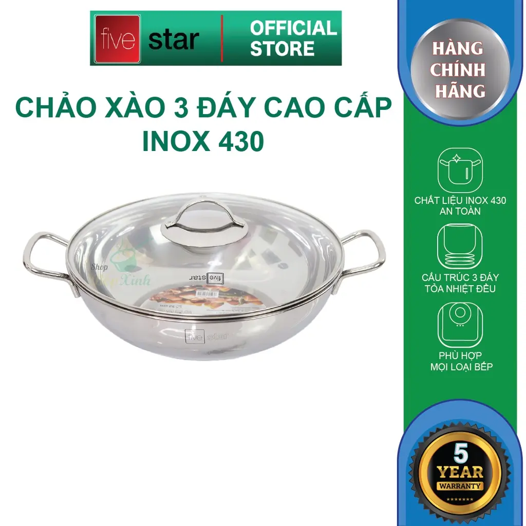 Chảo Lẩu Xào Inox 3 Đáy Fivestar Đường Kính 32cm Vung Kính - Hàng Chính Hãng, Bảo Hành 5 Năm
