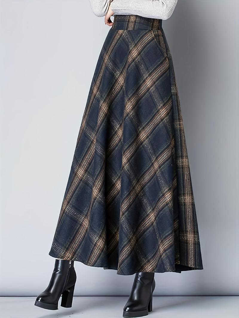 Product Introduction of Women's Plaid Print Pocket High Waist Skirt, Casual Fashion Long Skirt for Daily Outdoor Wear, Women's Bottoms for Spring & Fall 4