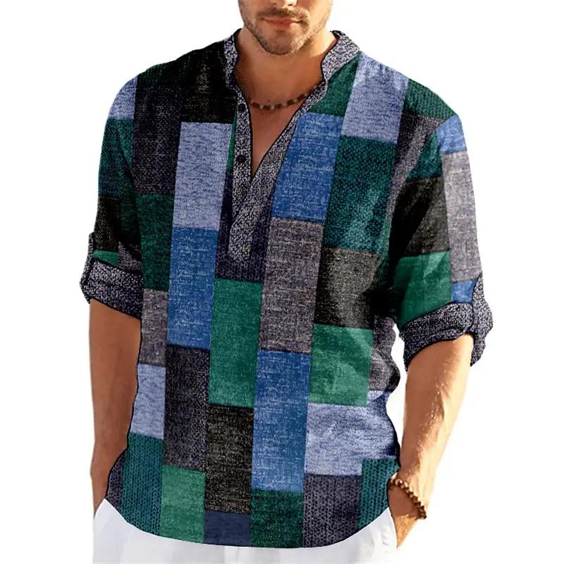 Product Introduction of Men's Spring and Summer Retro Fashion 3D Printed Color blocked Grid Pattern Henley Collar Long Sleeve Shirt Top 3