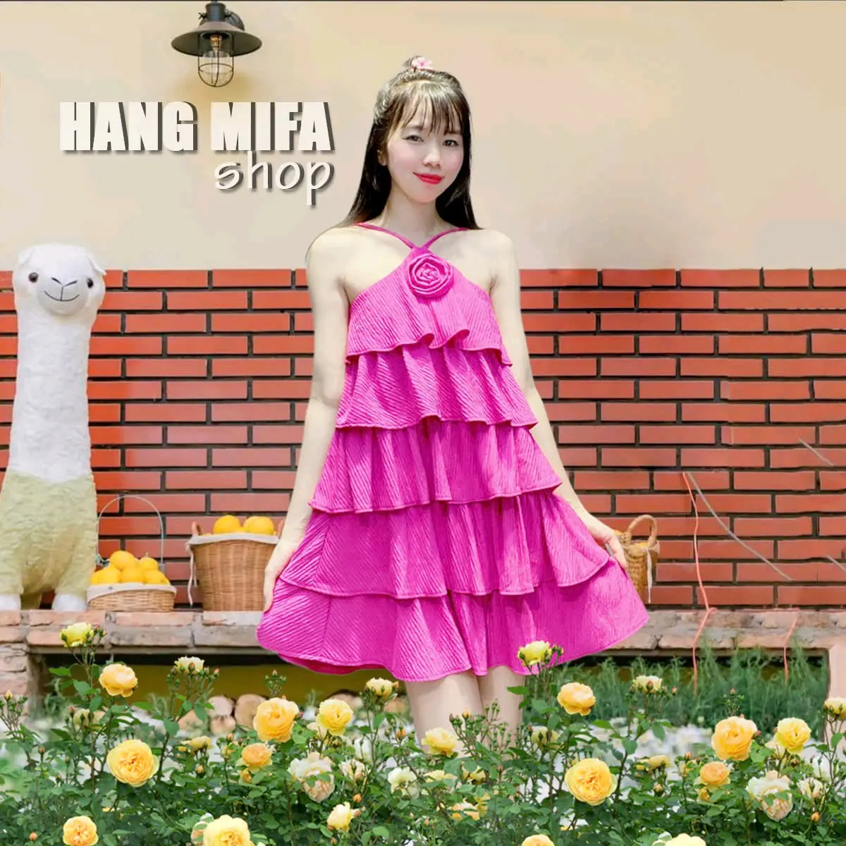 Đầm 5 Tầng Cổ Yếm Đính Hoa Màu Trơn Siêu Xinh cho Nữ SIZE S-M - Women Dress