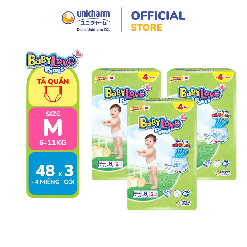 Combo 3 Tã quần Baby Love - Ngăn Tràn Cả Đêm - size M/L/XL/XXL 48+4