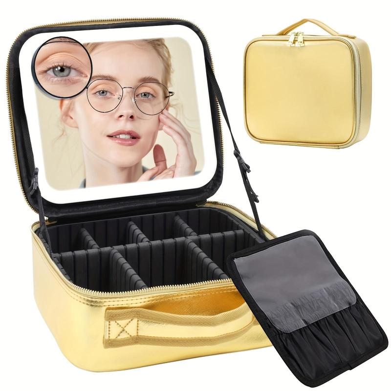 Product Introduction of 3 Color Led Mirror Makeup Bag, 1 Count Adjustable Makeup Organizer with 10x Magnifying Mirror & Brush Storage Pouch, Travel Makeup Tool, Summer Makeup, Birthday Gifts Ideas, Makeup Organizer 0