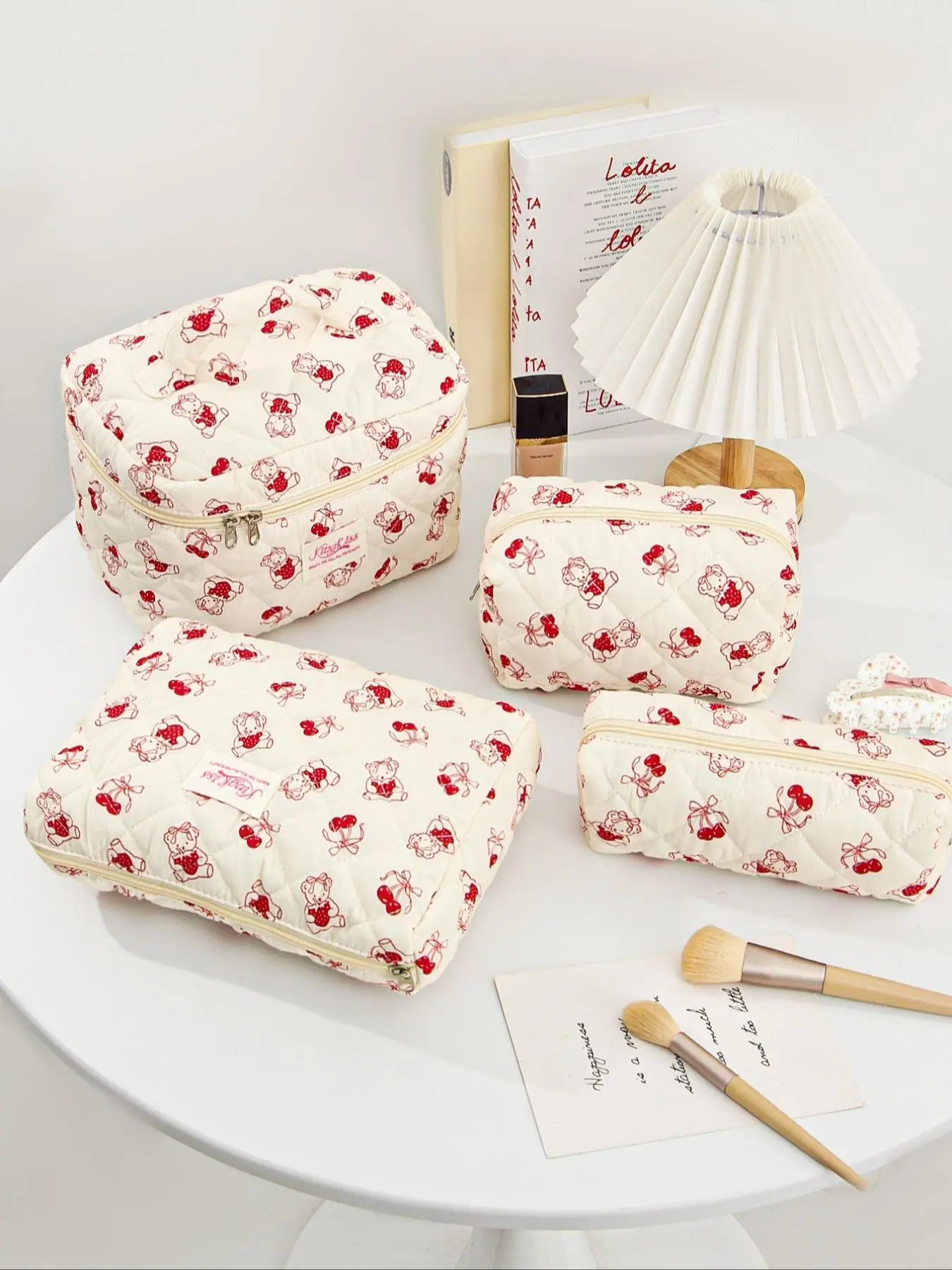 Cherry & Bear Pattern Makeup Bag Set, Portable Cosmetic Storage Bag, Zipper Makeup Organizer Pouch, Versatile Storage Bag for Travel, Daily Use