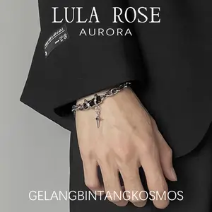 LULA ROSE Gelang Gothic Rantai Pria Wanita Model Warna Batu Zirkon + Liontin Salib Tajam