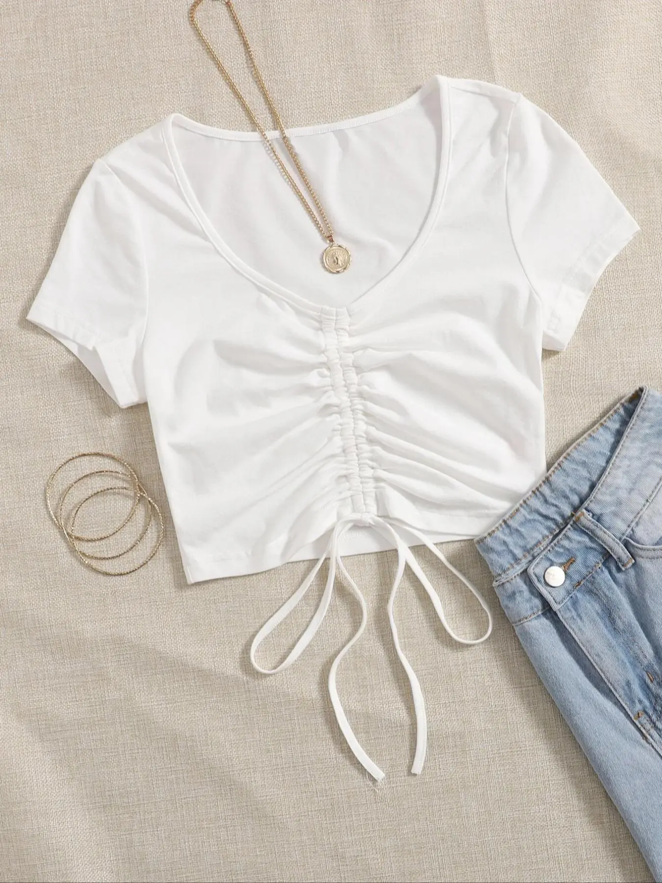 Women's Plain Ruched Drawstring Front Crop Tee, Casual Slim-fitting V Neck Short Sleeve T-shirt, Ladies Summer Clothes for Daily Wear
