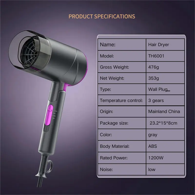 1200W Portable Foldable Hair Dryer, 1 Box Professional High-speed Hair Dryer with 3-speed Hot and Cold Wind Adjustment, Suitable for Home & Travel 2