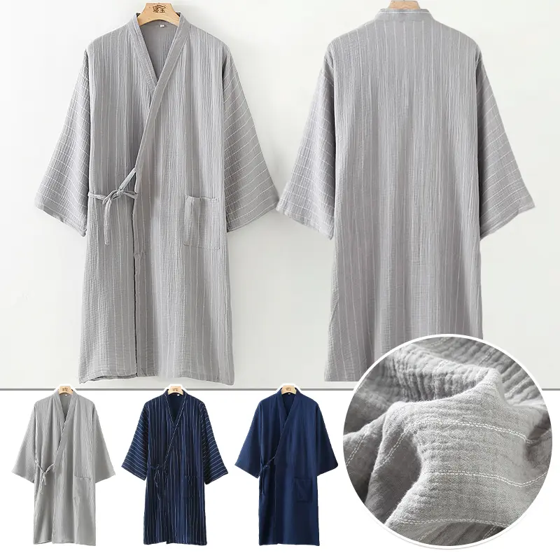Bathrobe Japanese men Long Sleeve Kimono Lounge Sleepwear Lace-up Long Pajamas Plus Robe Sets Male