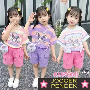 Setelan Anak Perempuan IMPORT KUROMI Jogger Pendek /Kaos Anak Motif Kartun Bahan Katun dan Celana Jogger Pendek dengan variasi tas boneka