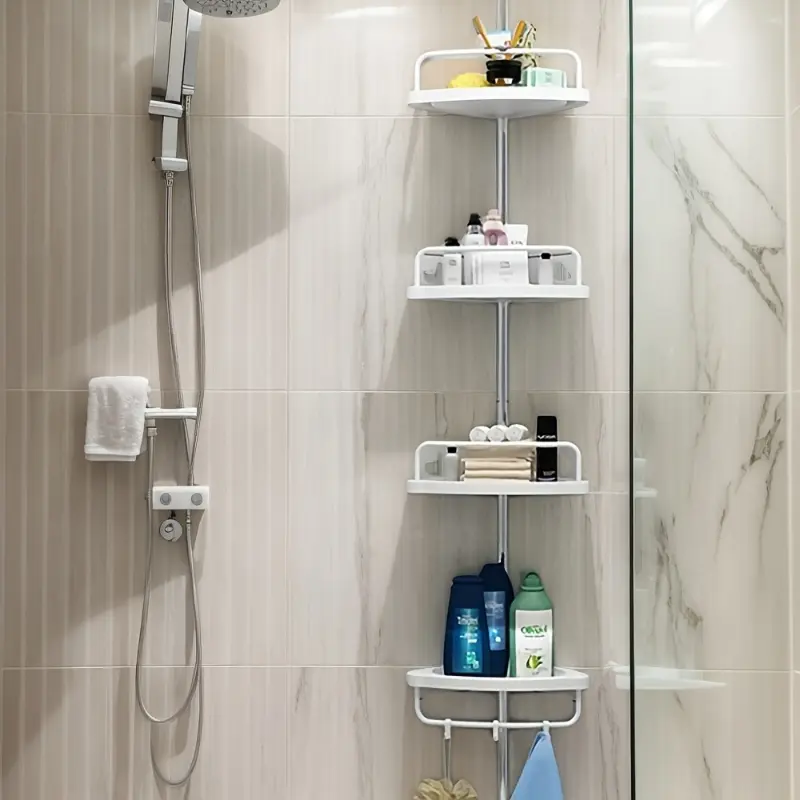 Expandable Corner Bathroom Shelf with 4 Layers, Adjustable Tray and Rotating Towel Bar, Easy Installation without Drilling Holes, Modern White Plastic Wall-mounted Storage Rack for Bath Essentials, Bathroom Accessories and Storage 1