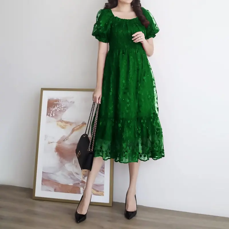 MELDY MINI DRESS Natal Brokat Terbaru | Rekomendasi Baju Pesta Kondangan Wanita Simple Elegan Mewah Ala Gaya Korea Terkini Karet Smoke Gaun Casual Remaja Dewasa 4
