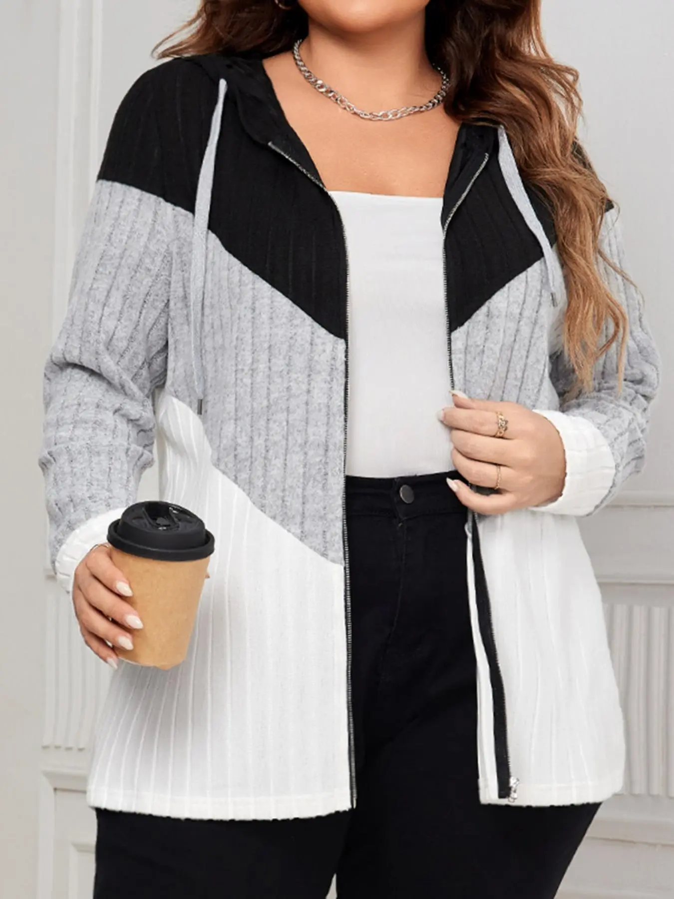 【Plus Size】 Colorblock Zipper Drawstring Hooded Coat, Casual Long Sleeve Outerwear for Fall & Winter, Women's Clothes for Daily Wear