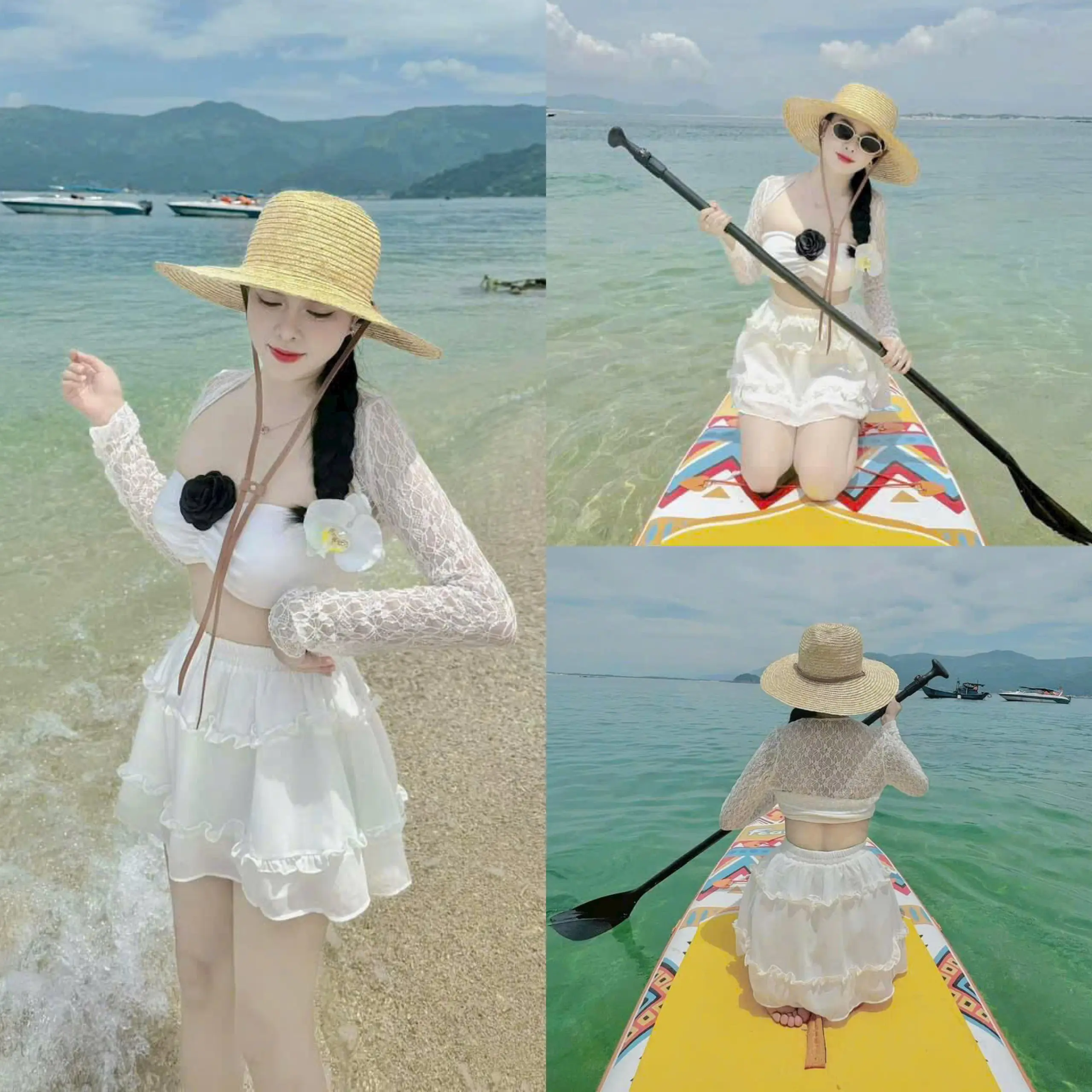 Bộ đồ bikini áo bra ( có mút ) kèm áo khoác ren tay dài và chân váy xòe ( có lót ) dễ thương cho nàng diện đi chơi đi biển M97