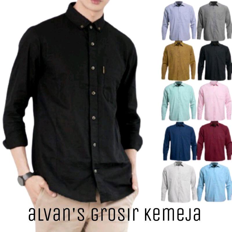kemeja polos panjang pria V-Neck Katun Polos Hitam Putih Baju Kerah Formal Katun Kancing Simple Kerja Standar 1