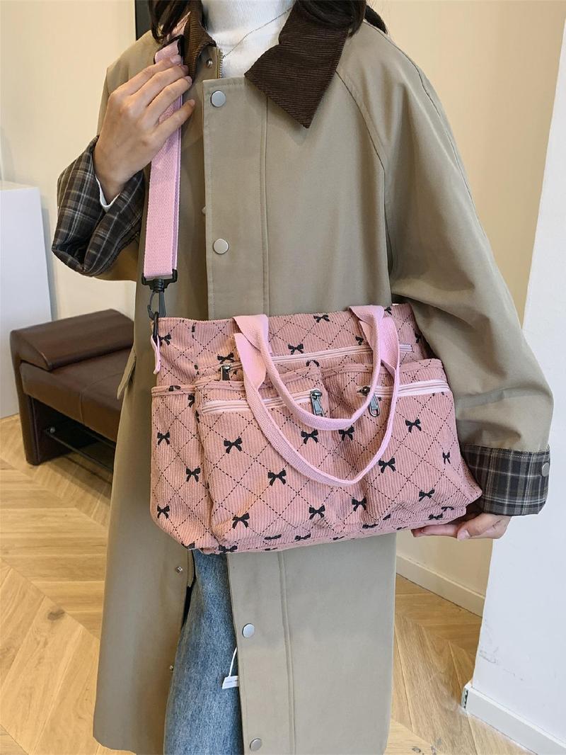 Product Introduction of Women's Ditsy Floral/Strawberry Pattern Tote Bag, Fashionable Multi-pocket Shoulder Bag for Daily Used, Casual Trendy Versatile High-quality Daily Commuting Bag 3