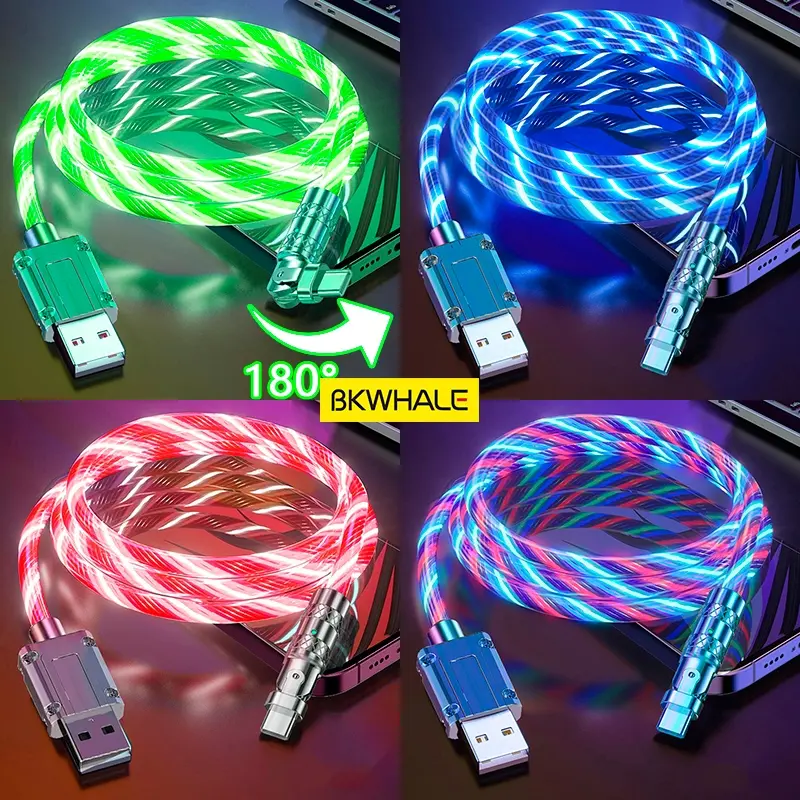 BKWHALE 6A 100W USB Type C Fast Charging Cable 180° Rotation Fast Charger cable for Samsung Xiaomi LED light Cable