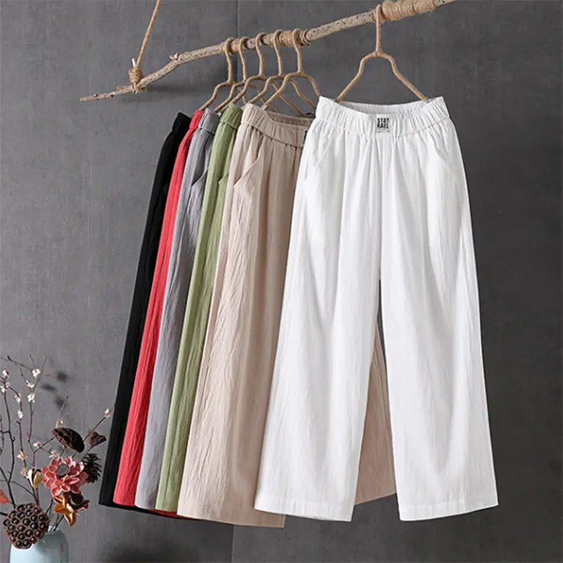 Cotton Linen Wide Leg Pants Women 2024 Summer Thin Loose plus Size Korean Style Mom Pants Casual White Straight-Cut Linen Ankle Length Pants Womenswear Bottom