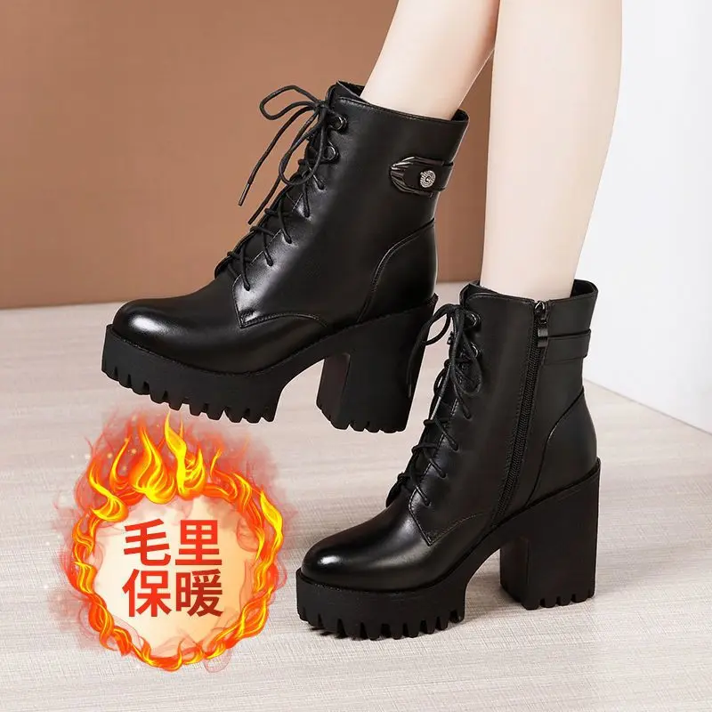 Giày Cao Gót Bằng Da Cho Nữ, Bốt Giữa Có Lót Lông Cừu, Đế Dày, Cho Mùa Thu Và Mùa Đông, Mới Đế Cao